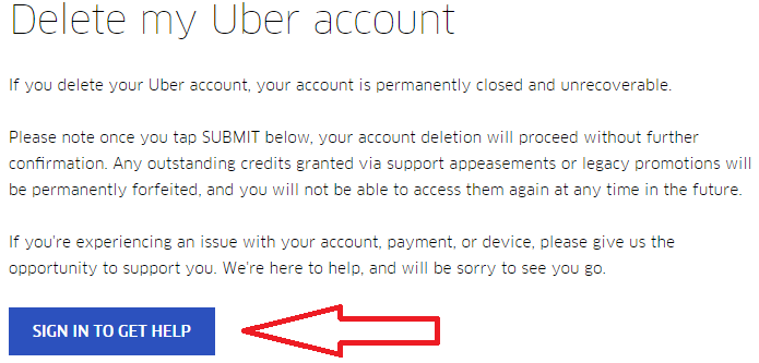 uber delete account sign in to get help button image