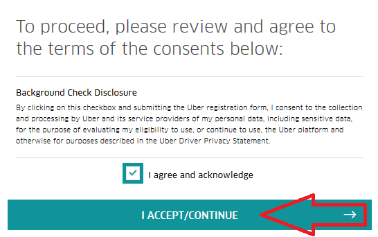 uber driver registration form i accept and continue button image
